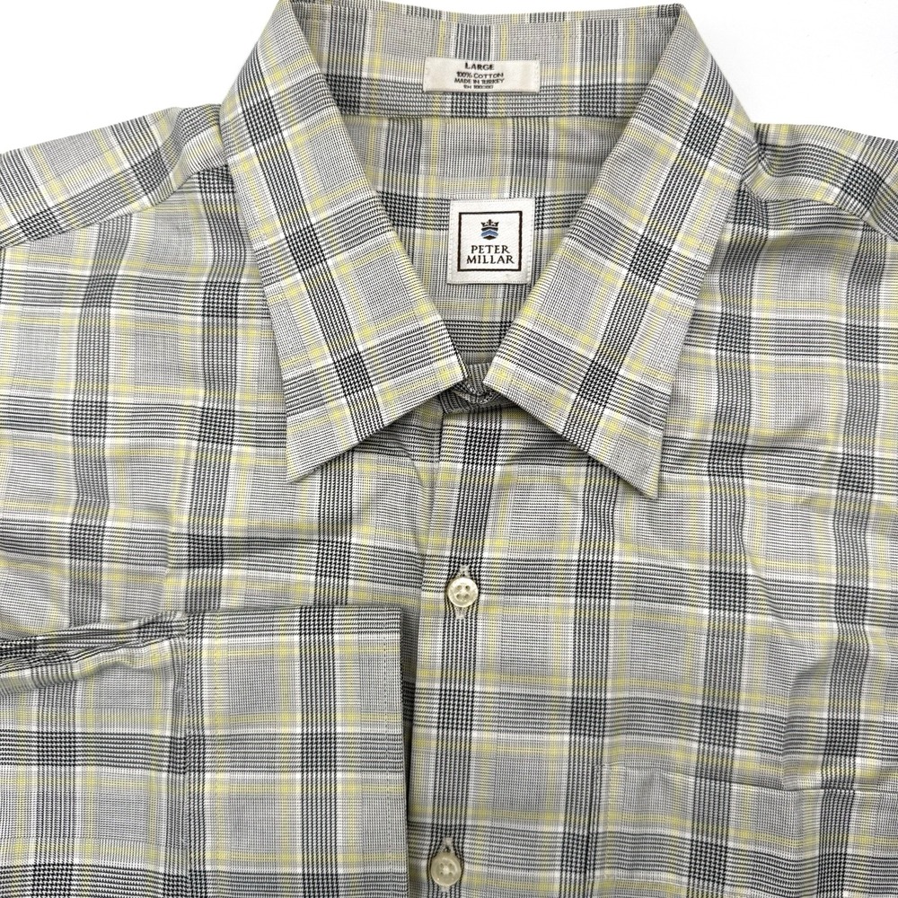 Peter Millar Button Down Mens‎ Large Grey Yellow Glen Plaid Cotton Long Sleeve